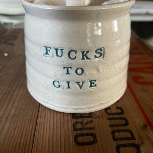 Handmade 4”D Ceramic Jar with Lid & AWESOME  Blue Text; 5 wooden words included